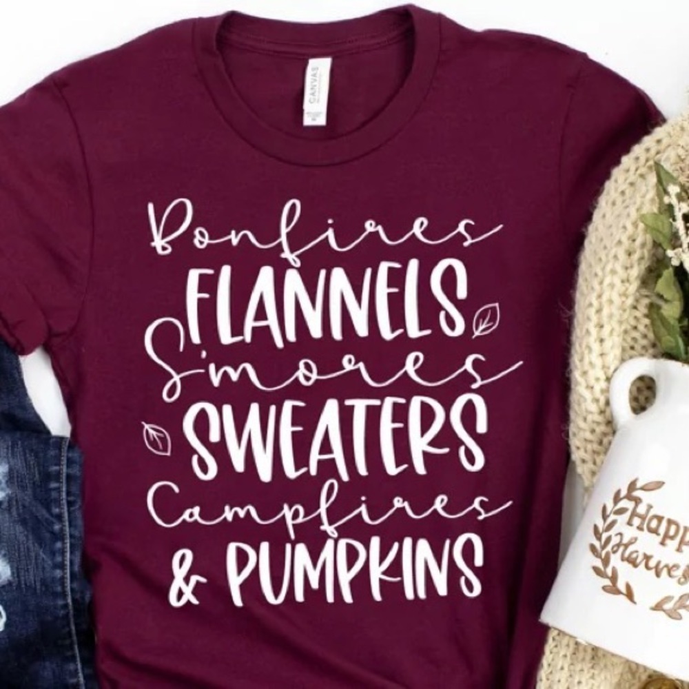 Bonfires Flannels Pumpkins Graphic Fall Tee Shirt S-4X